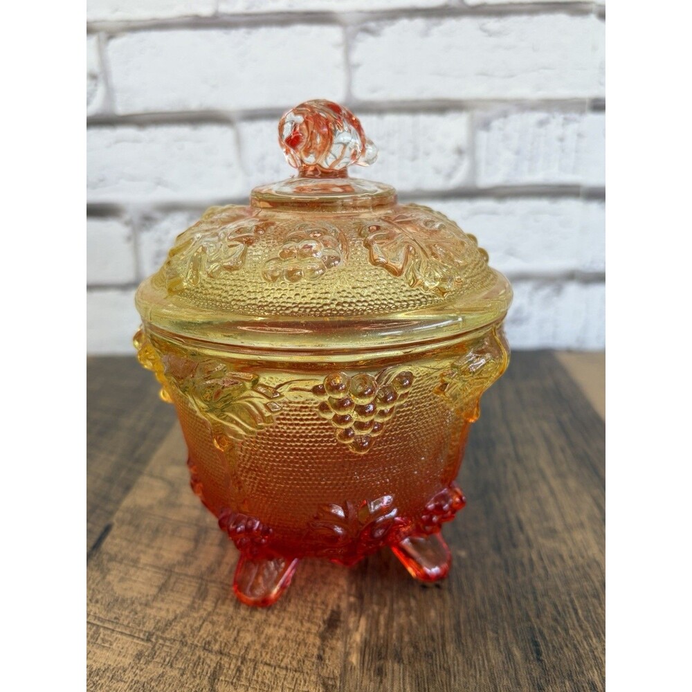 Vintage Jeanette Glass Amberina Ombre Footed Candy Dish & Lid Harvest Grape